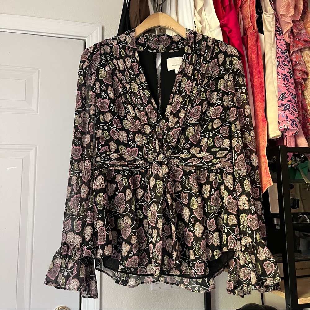 CINQ A SEPT black floral leaf print mock neck long bell sleeve blouse